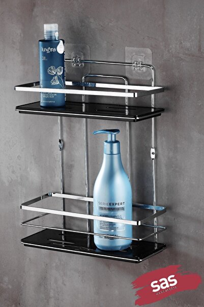 Sas Haus 2-Tier Adhesive Bathroom Shower Shelf – Adjustable Crystal Shelf (Stick-On/Screw-On) Chrome-Black