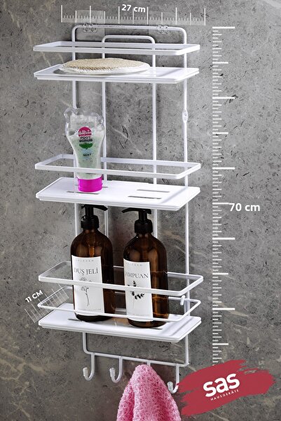 Sas Haus 3-Tier Adhesive Bathroom Shower Shelf with Hooks – Adjustable Crystal Shelf (Stick-On/Screw-On) White-White