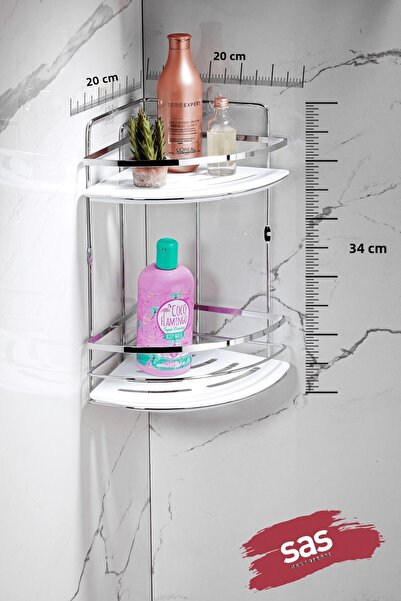 Sas Haus 2-Tier Adhesive Bathroom Corner Shelf with Hooks – Adjustable Crystal Shelf (Stick-On/Screw-On) Chrome-White