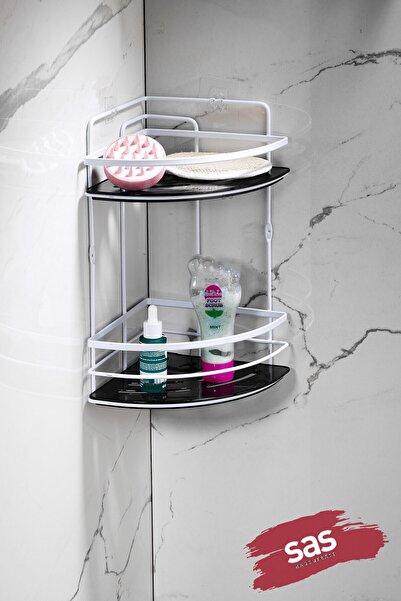 Sas Haus 2-Tier Adhesive Bathroom Corner Shelf – Adjustable Crystal Shelf (Stick-On/Screw-On) White-Black