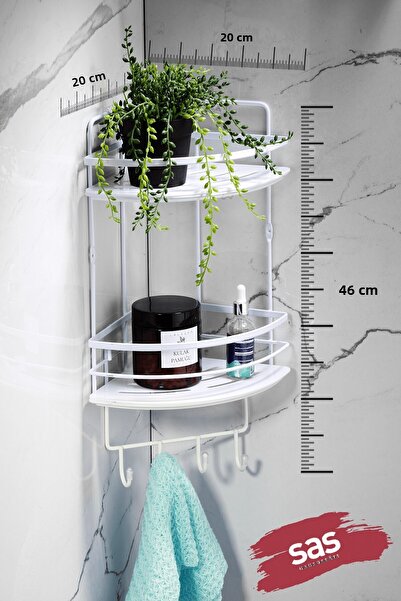 Sas Haus 2-Tier Adhesive Bathroom Corner Shelf with Hooks – Adjustable Crystal Shelf (Stick-On/Screw-On) White-White