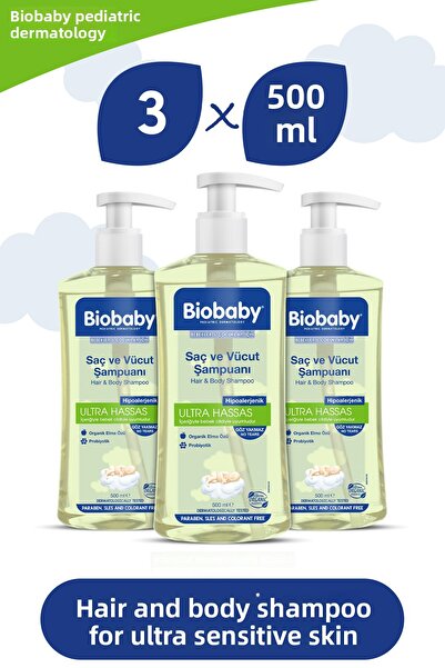 Biobaby Ultra Sensitive Baby Shampoo - Hair and Body 500 ml Prebiotic Chamomile, Organic Content Set of 3