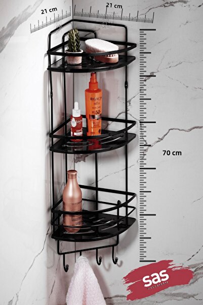 Sas Haus 3-Tier Adhesive Bathroom Corner Shelf with Hooks – Adjustable Crystal Shelf (Stick-On/Screw-On) Black-Black