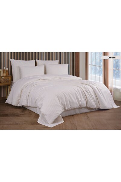 oabhome Cream Cotton Satin Striped Double Duvet Cover Set 4 Pieces