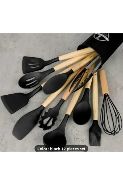 Alvin 12 Piece Silicone Kitchen Utensil Set with Wooden Handle – Heat Resistant Spatula Spoon Brush Set
