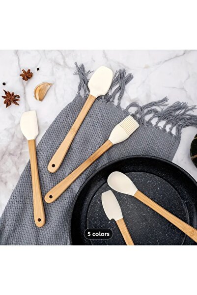 Alvin 5 Pcs Non-Stick Silicone Kitchen Utensil Set with Wooden Handle - Multi-Colored Mini Silicone Cooking Tools