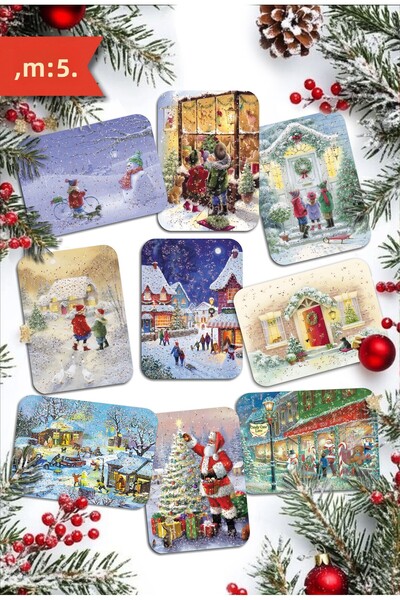 Mia Pera Set of 9 Glittery New Year Postcard New Year Santa Claus Snowman Winter Landscape New Year Nostalgia