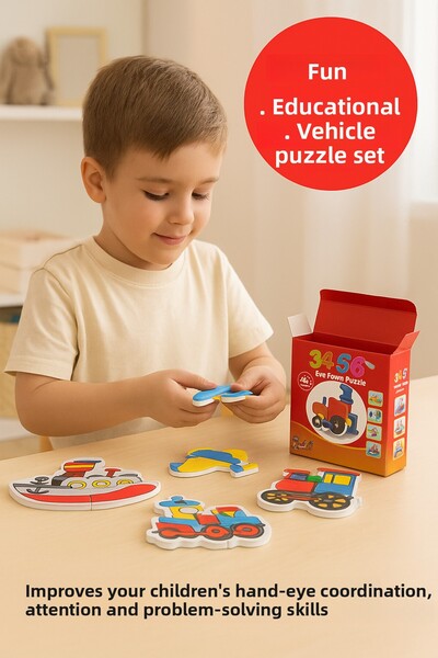 TOYFEST Vehicles Eva Foam Puzzle Set – Educational Brain Teaser with 3-7 Piec...