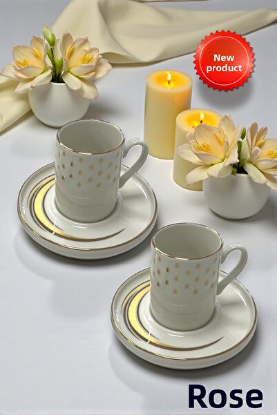 GÜLZE 2 Person (4 Pieces) Golden Rain Model Avangard Porcelain Coffee Cup Set (Real Gold Gilded)