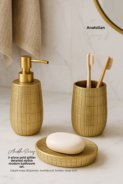 Anadolu Saray Gold Sim Detailed Stylish Modern Bathroom Set 3-Piece – Liquid Soap Dispenser, Toothbrush Holder, Soap Dish