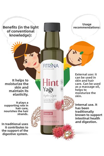 FITRİNA Castor Oil 250 ml Cold Pressed 100% Pure Hexane-Free Potable Castor Oil Hair Eyebrow Eyelash Care