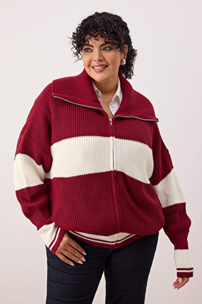 Trendyol Curve Burgundy Striped Turn-Down Collar Zippered Knitwear Cardigan Tbbaw25Av00009