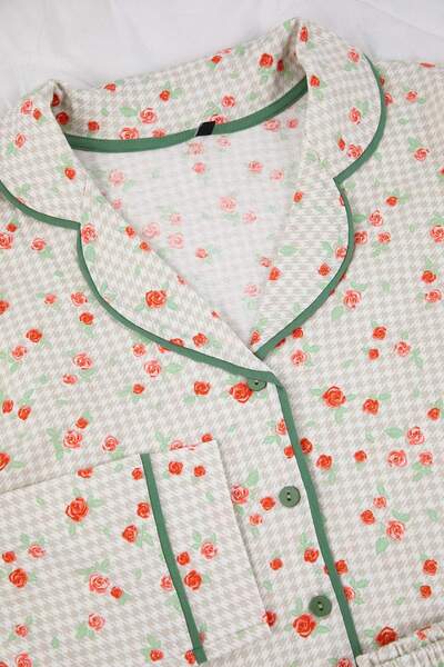 Trendyol Curve Mint 100% Cotton Floral Piping Knitted Pajama Set Tbbaw26Ai00007