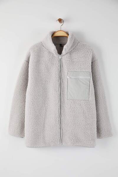 Trendyol Curve Winter Essentials Γκρι πλεκτό φούτερ με φερμουάρ και ψηλός λαιμός τσέπες TBBAW26AO00022