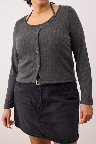 Trendyol Curve Anthracite Melange 2-Piece Camisole Front Buttoned Knitted Plus Size Blouse Tbbaw26Af00085