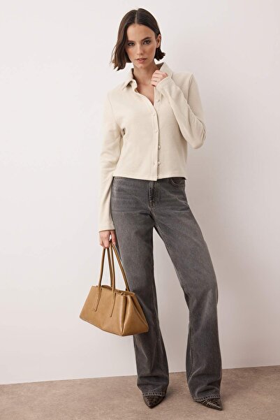 Trendyol Collection Stone Fitted Fabric Covered Button Detailed Thessaloniki Knitted Blouse Twoaw26Bz00301