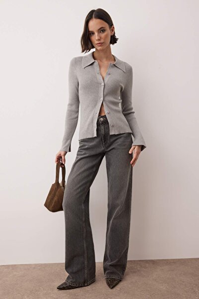 Trendyol Collection Wardrobe Essentials Gray Premium Yarn Polo Neck Knitwear Cardigan |   Twoaw26Hi00225