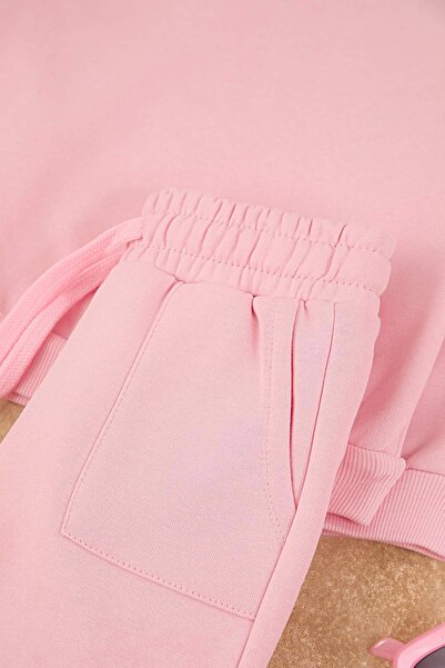 TRENDYOLKIDS Pink Cotton Plain/Basic Fleece-Lined Knitted Girl's Sweatshirt and Sweatpants Bottom - Top Set Tkdaw26Au00065