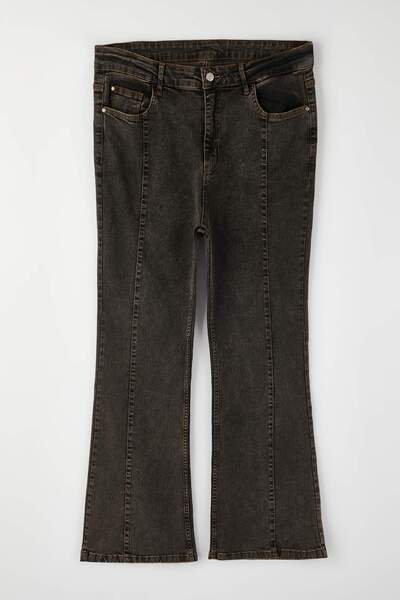 Trendyol Curve Special Collection Brown High Waist Ribbed Spanish Leg Plus Size Flare Jeans Tbbaw26Cj00013