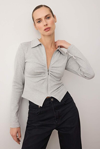 Trendyol Collection Gray Melange Polo Neck Zippered Drawstring Fitted Stretchy Knitted Blouse Twoaw26Bz00169