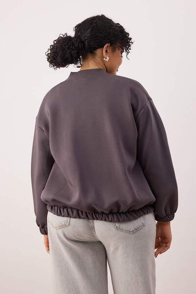 Trendyol Curve Anthracite Bomber Collar Oversize/Wide Fit Front Zipper Plus Size Sweatshirt Tbbaw26Ao00038