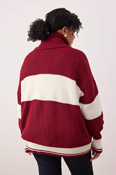 Trendyol Curve Burgundy Striped Turn-Down Collar Zippered Knitwear Cardigan Tbbaw25Av00009