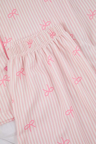 Trendyol Curve Pink Ribbon Patterned Plus Size Pajama Set