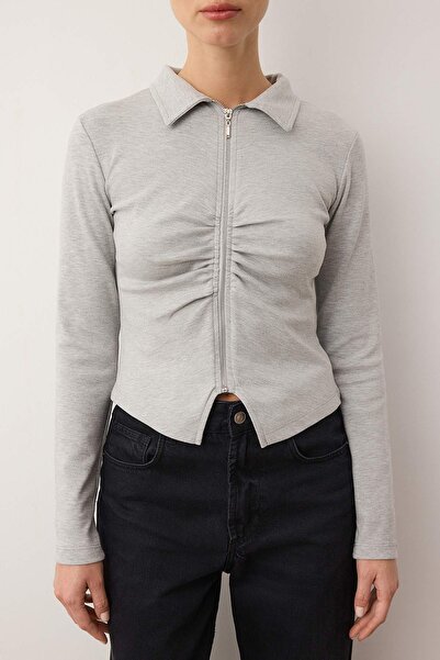 Trendyol Collection Gray Melange Polo Neck Zippered Drawstring Fitted Stretchy Knitted Blouse Twoaw26Bz00169