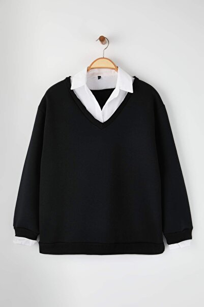 Trendyol Curve Μαύρο πουκάμισο με λεπτομέρεια από φλις εσωτερικά, μεγάλου μεγέθους φούτερ TBBAW26AO00049