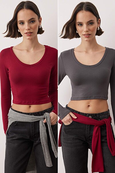 Trendyol Collection Anthracite-Burgundy Knitted Blouse Twoaw25Bz00306