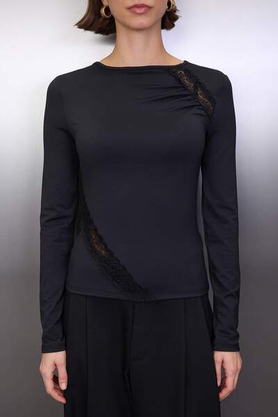 Trendyol Collection Black Lace Detailed Fitted/Fitted Stretchy Knitted Blouse Twoaw26Bz00292
