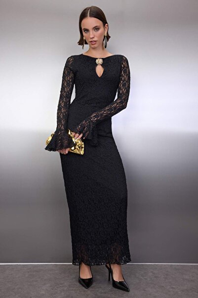 Trendyol Collection Black Plain Accessory Detailed Lace Maxi Lined Stylish/Evening Dress Tpraw26El00088