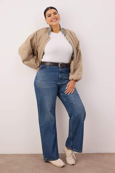 Trendyol Curve Modré džíny s vysokým pasem a širokými nohavicemi velké velikosti TBBSS24CJ00028