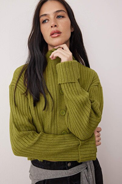 Trendyol Collection Oil Green Crop Soft Textured Stand Collar Knitwear Cardigan Twoaw22Hi0174