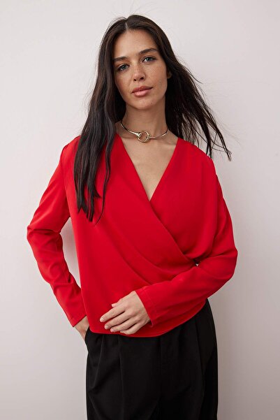 Trendyol Collection Red Double Breasted Satin Woven Blouse Twoaw24Bz00423 Size