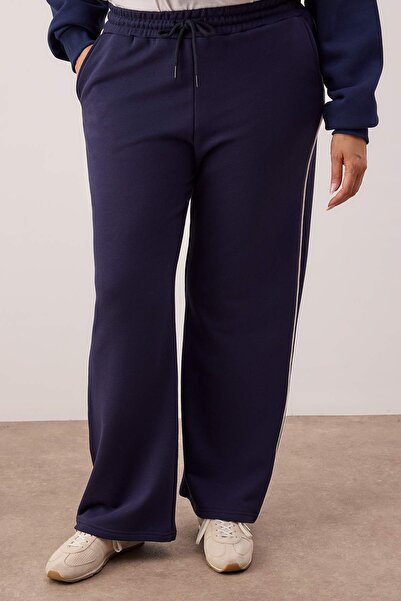 Trendyol Curve Πλεκτό παντελόνι με ψηλόμεσο μπλε ναυτικό με λεπτομέρεια με φαρδύ πόδι και λεπτομέρεια πλεκτής ύφασμα TBBAW26AJ00006