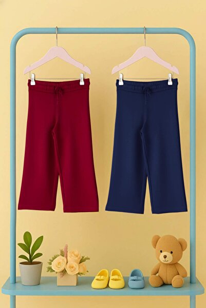 TRENDYOLKIDS Navy Blue-Red Cotton 2-Piece Plain/Basic Elastic Waist Knitted Girl's Pants Tkdaw26Ta00002
