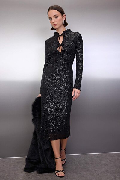 Trendyol Collection Black Straight Bust Tie Detail Sequin Midi Lined Stylish/Evening Dress Tpraw26El00100
