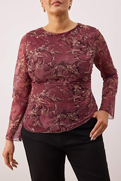 Trendyol Curve Μπλούζα με πολύχρωμο σχέδιο με σάλι για εφήβους, ασύμμετρη εφαρμογή στο σώμα, μεγάλου μεγέθους TBBAW26AF00098