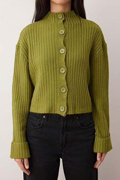 Trendyol Collection Oil Green Crop Soft Textured Stand Collar Knitwear Cardigan Twoaw22Hi0174
