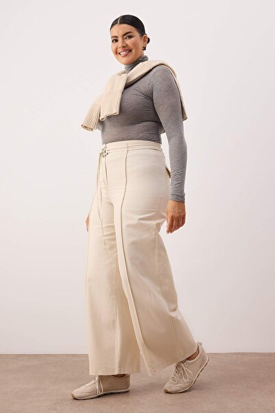 Trendyol Curve Ecru Cotton Gabardine Belted Wide Leg Pants Tbbaw26Ar00025