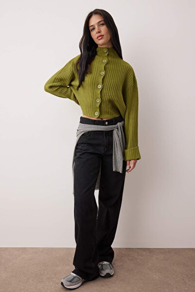 Trendyol Collection Oil Green Crop Soft Textured Stand Collar Knitwear Cardigan Twoaw22Hi0174