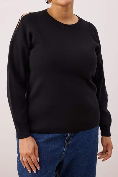 Trendyol Curve Schwarzer schulterfreier Accessoire- und Cut-Out-detaillierter dünner Strickpullover TBBAW26AN00023