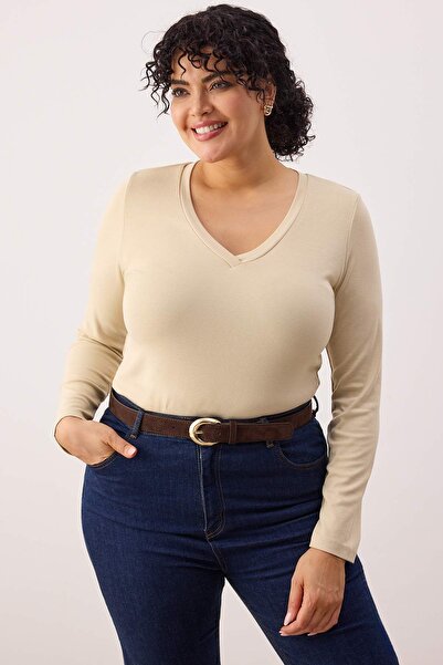 Trendyol Curve Καφέ-Μπεζ 2-συσκευασία Basic Viscose Ribana Μαλακή πλεκτή μπλούζα μεγάλου μεγέθους TBBAW26AF00107