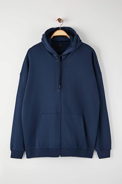 Trendyol Collection Μπλε ναυτικό μεγάλου μεγέθους φούτερ με κουκούλα με φερμουάρ και εσωτερικό φλις βαμβακερό φούτερ TMNAW24AO00003