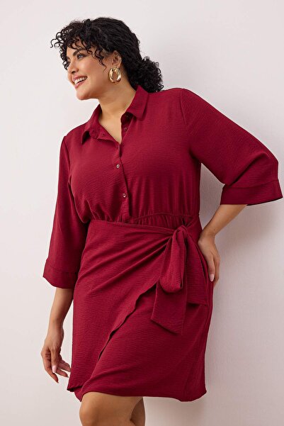 Trendyol Curve Vişne Aerobin Mini Hiding Belly Woven Plus Size Dress Tbbaw26Ah00073