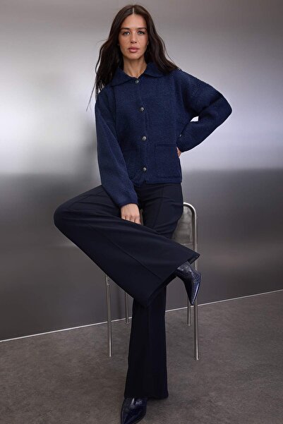 Trendyol Collection Navy Blue Wide Fit Polo Neck Boucle Knitwear Cardigan Twoaw24Hi00177