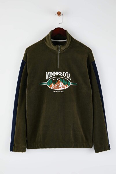 Trendyol Collection Khaki Unisex Oversize/Wide Cut Stand Collar City Embroidery Anti-Pilling Fleece Sweatshirt Tmnaw24Sw00034