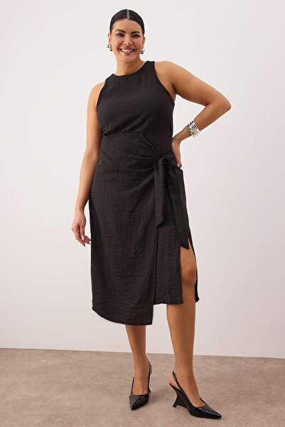 Trendyol Curve Black Slit and Tie Detail Flannel Midi Woven Plus Size Dress Tbbss25Ah00250