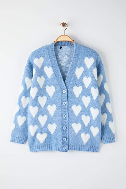Trendyol Curve Blue Heart Patterned Pearl Soft Buttoned Knitwear Cardigan Tbbaw26Av00007